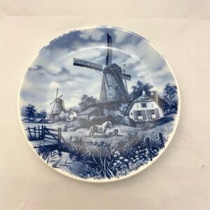 Delft Blauw Small Plate, Holland, Blue & White Windmill & House, 1984 Vintage